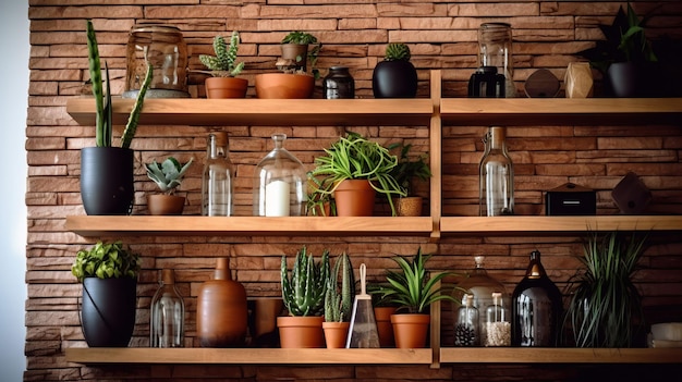 Zimmerpflanzen, Bücher und andere Einrichtungsgegenstände befinden sich auf einem Holzregal für die natürliche Heimdekoration von Generative Ai
