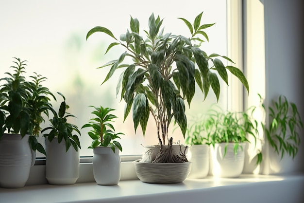 Zimmerpflanzen im Topf auf der Fensterbank mit Sonnenlicht Greenhome