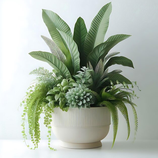 Foto zimmerpflanzen in grauen und weißen keramikblumentöpfen auf hölzernen regalen, die an einer weißen wand hängen