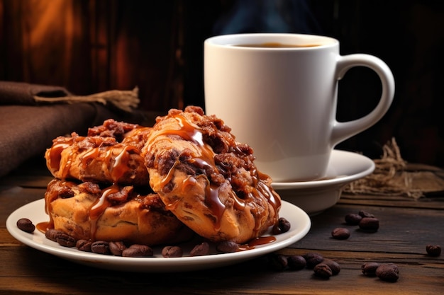 Zimtbrötchen auf einem rustikalen Holztisch mit Kaffeetasse