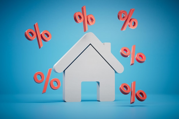 Zinssatz beim Kauf eines Immobilienhauses und Prozentsymbole auf blauem Hintergrund, 3D-Rendering