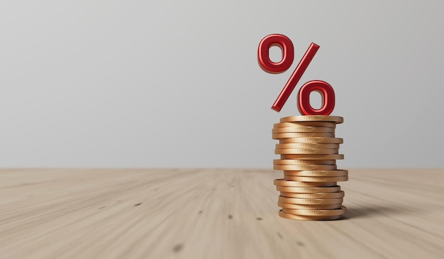 Zinssatz und steigendes Inflationskonzept Rotes Prozentsymbol mit einem Stapel Münzen 3D-Rendering