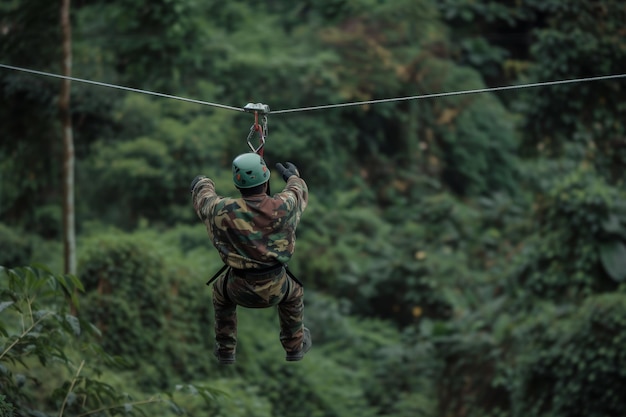 Zipliner con un traje camuflado mezclándose con un bosque verde