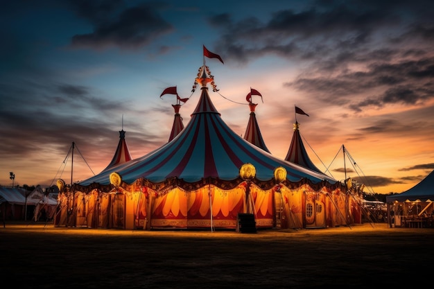 Zirkuszelt bei Sonnenuntergang am Abend Langbelichtungsfoto Ein altmodisches Zirkuszelt bei einem Karneval in der Dämmerung