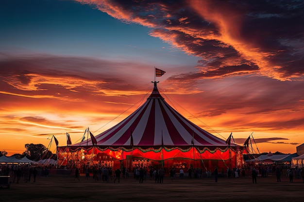 Foto zirkuszelt unter einer warnung sonnenuntergang zirkustent nachtansicht karnevalpark auf rotem chaotischen himmel hintergrund generative ki-illustration