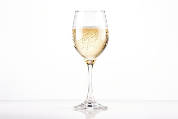 Zischender kalter Champagner in transparentem Kelch auf weißem Hintergrund
