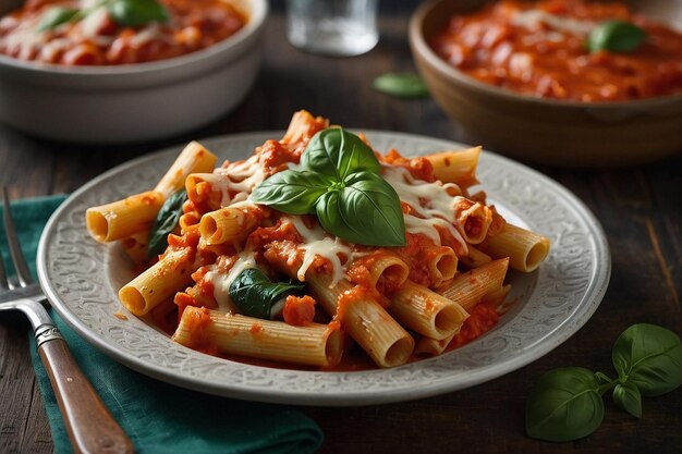 Ziti assado com molho de tomate cremoso e espinafre