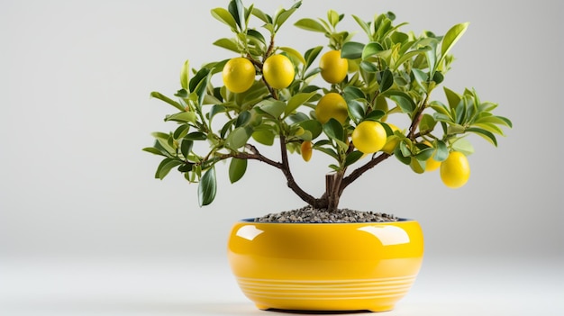 Zitrone mit einem Baum auf dem weißen Hintergrund des Topfes