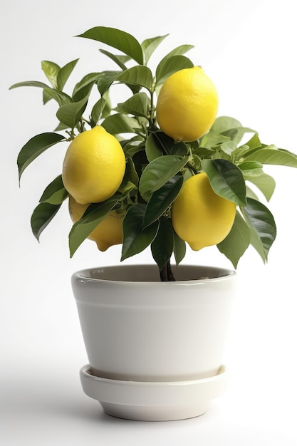Zitrone wächst im weißen Topf auf weißem Hintergrund Generative KI
