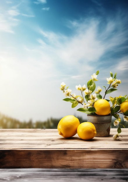 Zitronen auf einem Tisch mit blauem Himmel im Hintergrund