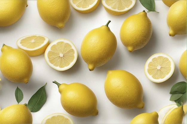 Zitronen auf weißem Hintergrund, frische gelbe Früchte in zwei Hälften geschnitten und ganz