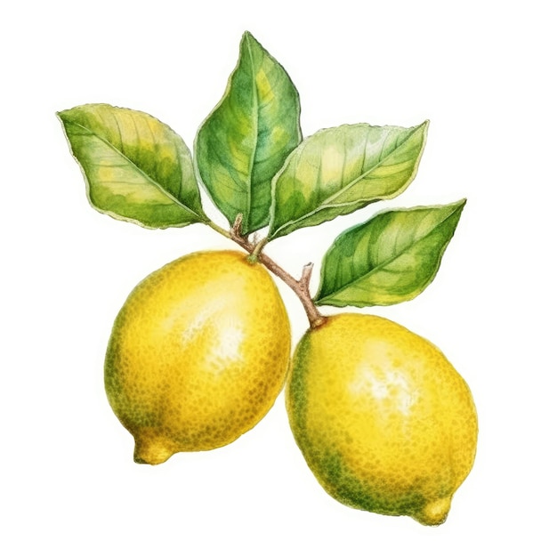 Zitronen im Aquarellstil mit Tintenumriss auf weißem Hintergrund, generative KI