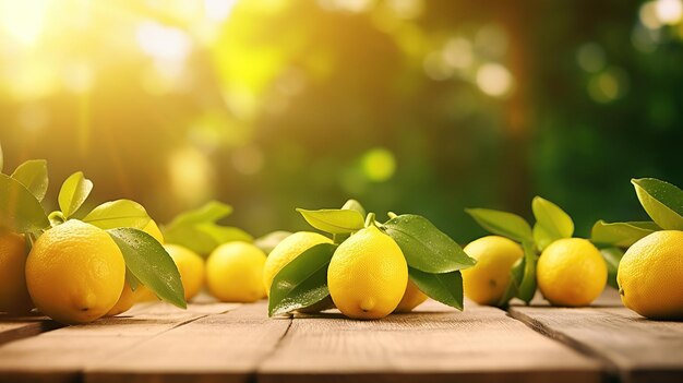 Zitronen in einem Obstgarten auf einem Holztisch im Hintergrund Generative KI