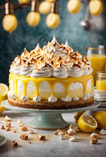 Zitronen-Meringue-Torte auf einem Teller auf weißem Holzhintergrund Generative KI