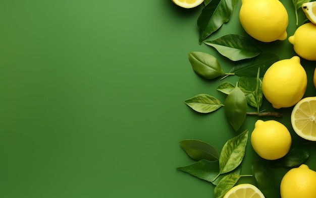 Zitronen mit grünen Blättern auf grünem Hintergrund