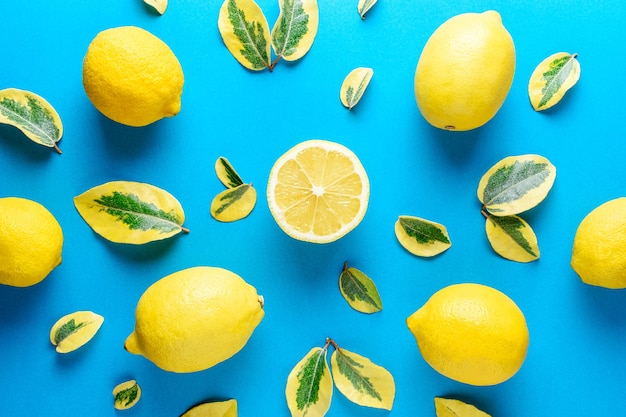 Zitronen und grüne Blätter isoliert auf blau