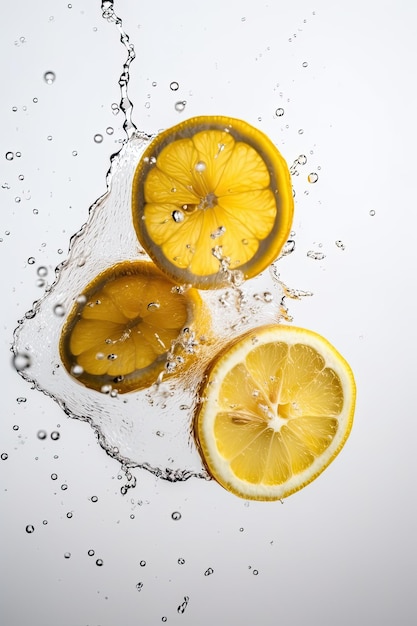 Zitronen und Zitronen spritzen in klares Wasser.