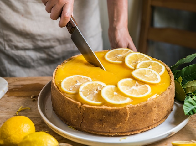 Zitronenchesskuchen-Lebensmittelphotographie-Rezeptidee