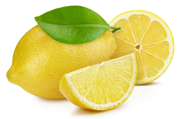 Zitronenfrucht Zitrone mit Blättern isoliert auf weißem Hintergrund Zitronen-Beschneidungspfad