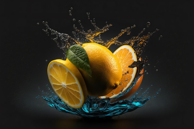 Zitronenfrüchte spritzen isoliert auf schwarzem Hintergrund