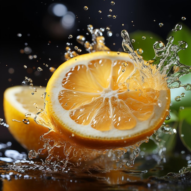 Zitronenscheibe in ein Glas Wasser spritzen mit einem Spray von Wassertropfen in Bewegung suspendiert