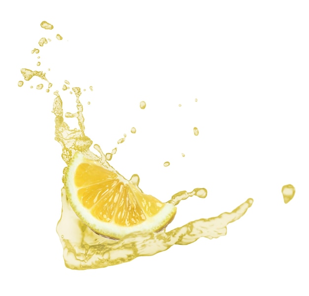 Zitronenscheibe und Spritzer Saft auf weißem Hintergrund