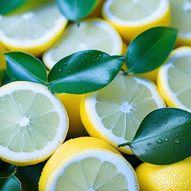 Zitronenscheiben mit grünen Blättern Zitrusfrüchte