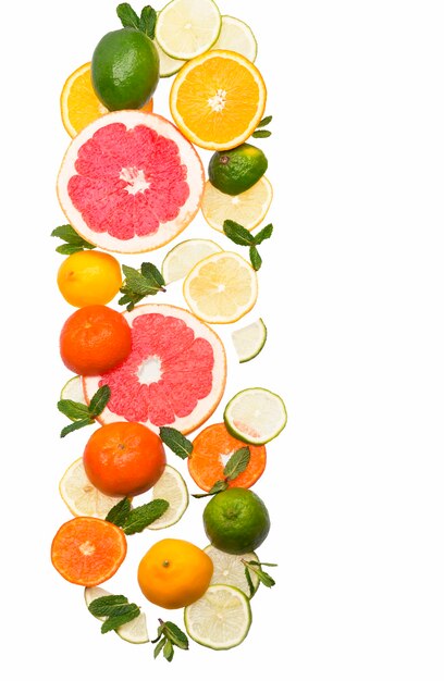 Zitrus Hintergrund. Frische Zitrusfrüchte - Zitronen, Orangen, Limetten, Grapefruits auf dem weißen Hintergrund