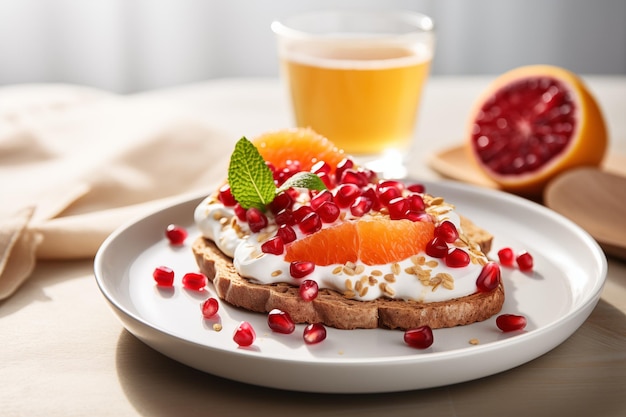 Zitrus-Joghurt-Toast mit Granatapfel und Nüssen auf weißer Platte