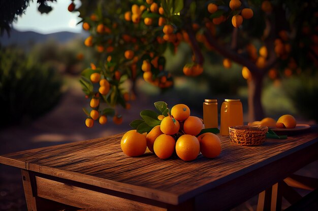 Zitrusfrüchte auf einem Holztisch im Gartengenerative ai
