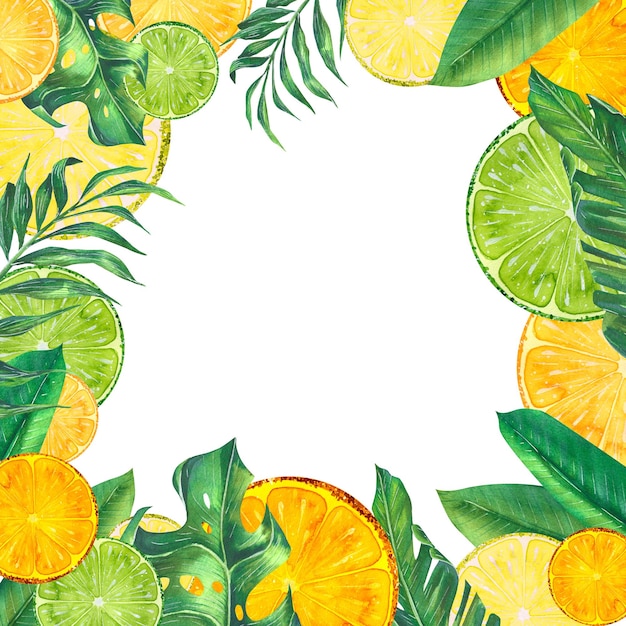 Zitrusfrüchte Stücke Zitrone Limette Orange Clementine mit tropischen Palmblättern Aquarell-Illustration quadratischer Rahmen für die Dekoration und Gestaltung von Menüs Bars Cafés Einladungen Postkarten