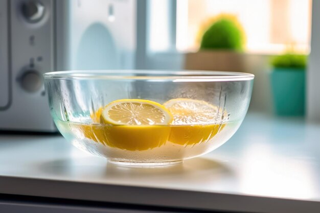 Foto zitrusfrüchte, zitronenschnitte in einer glasschüssel für die wartung der mikrowelle