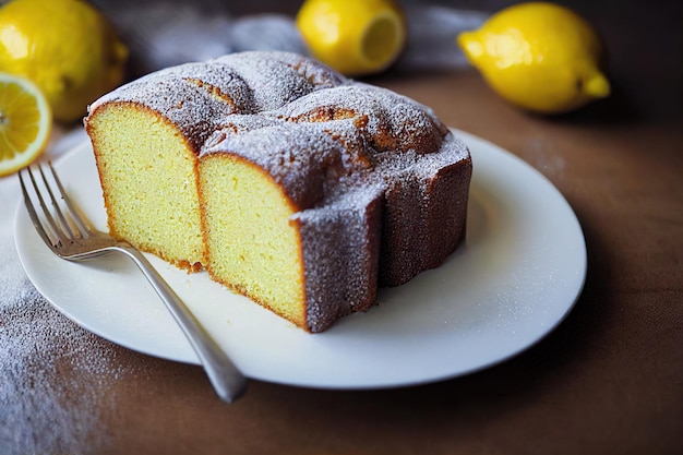 Zitrusgebäck Zitronenkuchen aus Teig mit Glasur auf Teller auf verschwommenem Hintergrund