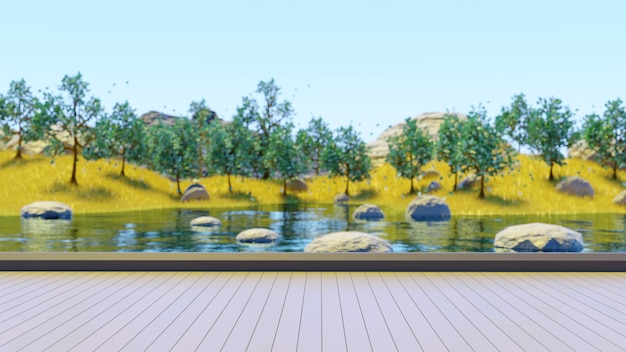 Zócalo de madera con árboles verdes y césped AMARILLO y lago desenfoque de fondo 3D Render