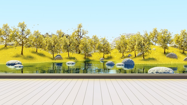 Zócalo de madera para ver el lago y el bosque de árboles AMARILLOS con pastos AMARILLOS fondo de verano 3D Render
