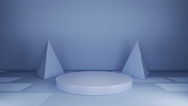 Zócalo redondo, fondo gris, abstracto, telón de fondo de forma piramidal, render 3d.