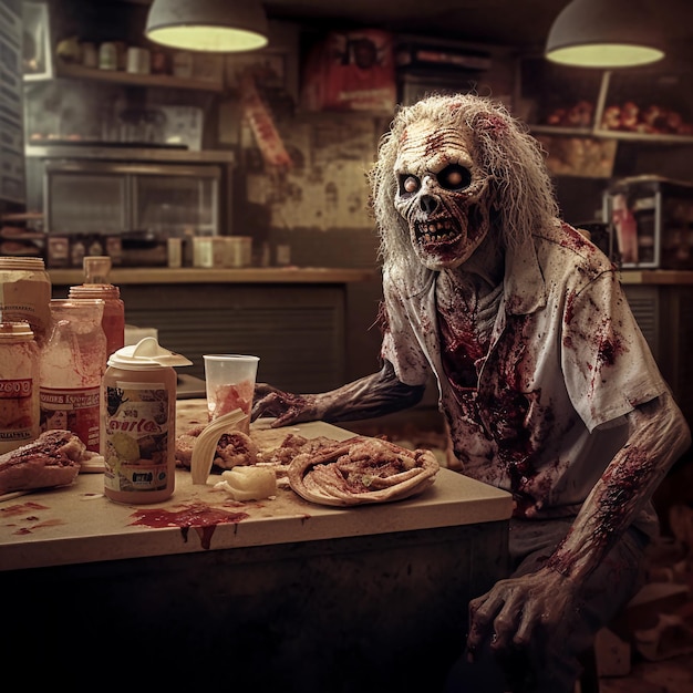 Foto un zombi está comiendo en una mesa con un cartel que dice '100'.