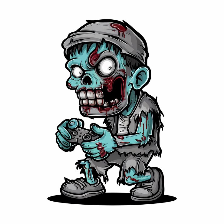 Un zombi de dibujos animados con un controlador de videojuego