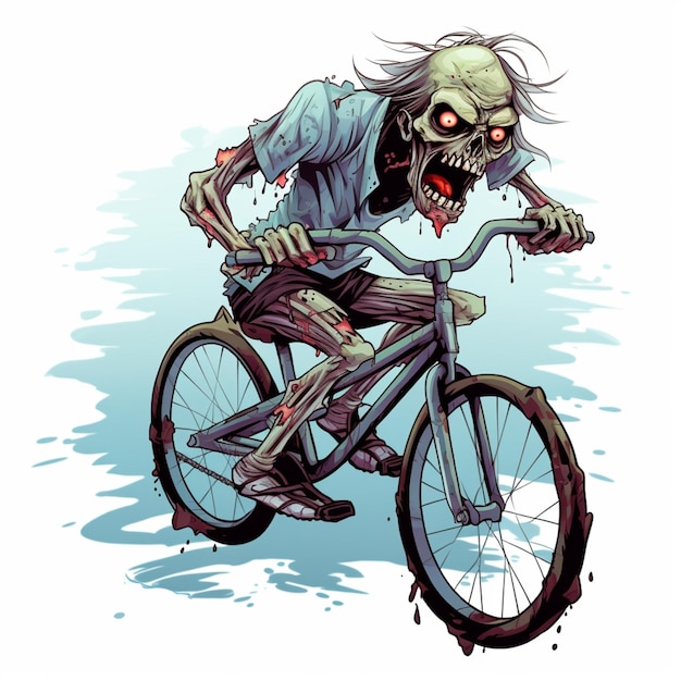Foto un zombi de dibujos animados montando en bicicleta con una cara ensangrentada