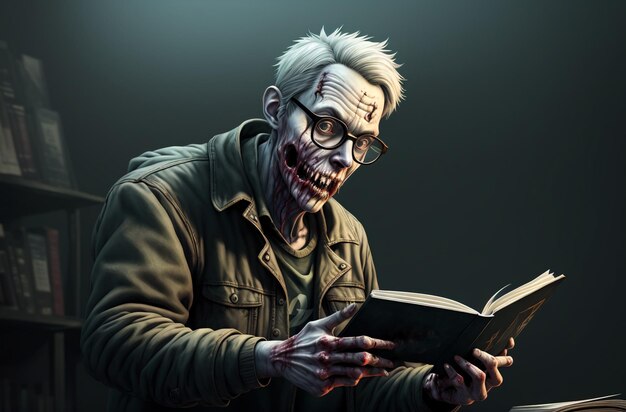 Foto un zombi espeluznante con gafas leyendo un libro en una habitación oscura con estanterías y una librería detrás de él ia generativa