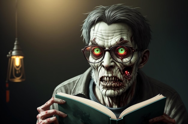 Un zombi espeluznante con gafas leyendo un libro en una habitación oscura retrato de un hombre zombi ai generativo