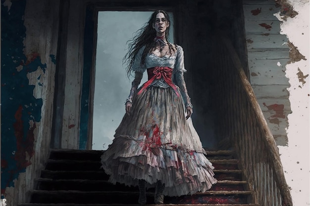 Zombi femenino de pie en las escaleras en una casa abandonada ilustración de estilo de arte digital pintura ilustración de fantasía de una niña zombie