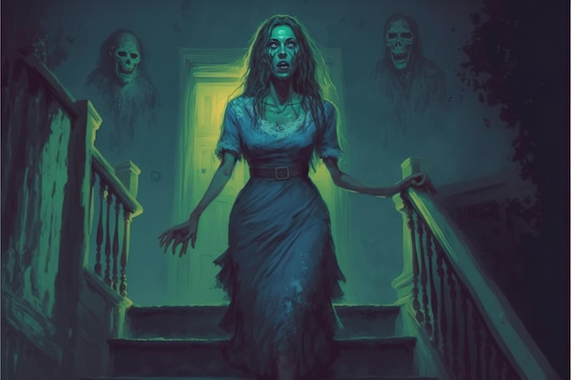 Zombi femenino de pie en las escaleras en una casa abandonada ilustración de estilo de arte digital pintura ilustración de fantasía de una niña zombie