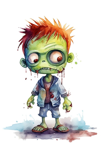 Zombie acuarela clipart lindo aislado sobre fondo blanco con tecnología de IA generativa