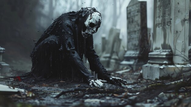 Foto un zombie aterrador en un cementerio con una cara aterradora en el suelo