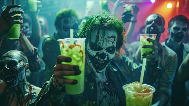 Foto zombie-büroparty, auf der jeder einen grünen smoothie trinkt