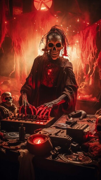 zombie dj's techno halloween spinning horror con calabazas calaveras Ai Generated