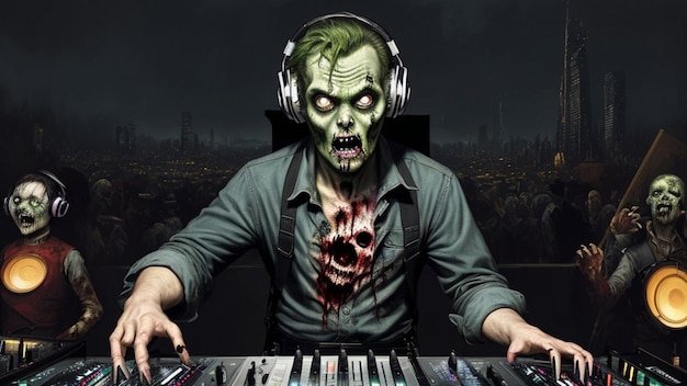 Foto zombie-dj von angesicht zu angesicht in einer futuristischen stadt