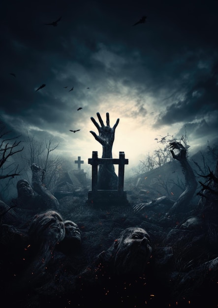 Zombie erhebt sich aus einem Friedhof, gruselige Halloween-Nacht, generative KI