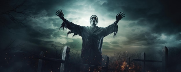 Zombie erhebt sich aus einem Friedhof, gruselige Halloween-Nacht, generative KI